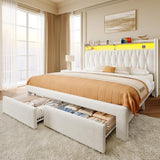 Rolanstar Full Bed Frame with Drawers, Storage Headboard with Charging Station and LED Lights, Upholstered Bed with Heavy Duty Wood Slats, No Box Spring Needed, Noise Free, Easy Assembly, Beige Rolanstar