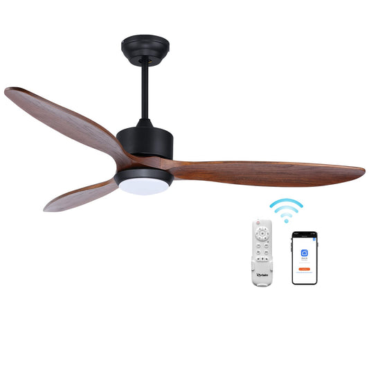 Ovlaim 52 Inch Solid Walnut Wood Ceiling Fans with Lights Remote Control, 3 Blade Propeller Smart Ceiling Fan for Bedroom Living Room Indoor Outdoor, ETL Listed High CFM Quiet DC Motor - WoodArtSupply