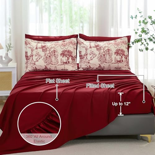 Red Comforter Set Queen 7 Piece Bed in a Bag Toile de Jouy Botanical Comforter with Sheet Set Soft Micorfiber Bedding Set (1 Comforter,2 Pillow Shams,1 Flat Sheet,1 Fitted Sheet,2 Pillowcases) Xruibed