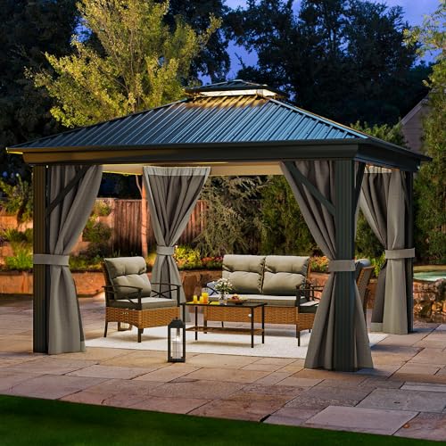 YITAHOME 12x12ft Hardtop Gazebo with Nettings and Curtains, Heavy Duty Double Roof Galvanized Steel Outdoor Combined of Vertical Stripes Roof for Patio, Backyard, Deck, Lawns, Gray - WoodArtSupply