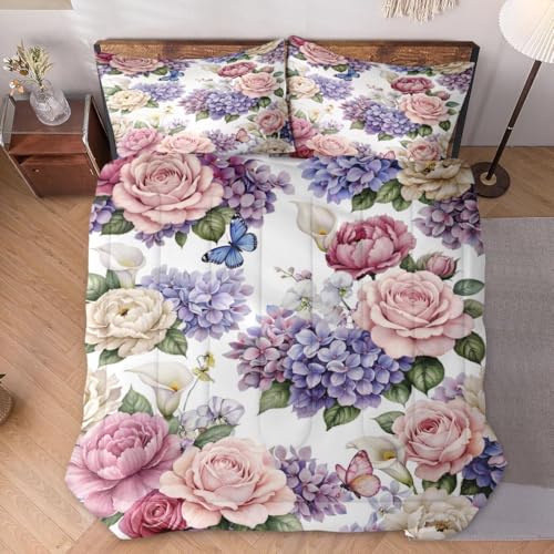 WeCozy Queen Size Comforter Set with 2 Pillowcases, Painting Floral Rose Flower Hydrangea Soft 3 Pcs Bedding for Kids and Adults Bedroom Bed Decor WeCozy