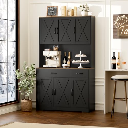 HOSTACK 71" Pantry Cabinet with Charging Station, Tall Kitchen Pantry Storage Cabinet with Microwave Stand, Farmhouse Kitchen Hutch Cabinet with Storage Drawers for Living Room, Dining Room, Black HOSTACK