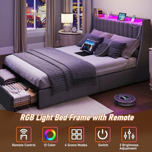 SADENICEL Full Size Bed Frame with Headboard and 2 Storage Drawers, Metal Full Bed Frame Platform with LED Light, Charging Station, No Box Spring Needed, Noise Free, Easy Assembly, Grey SADENICEL