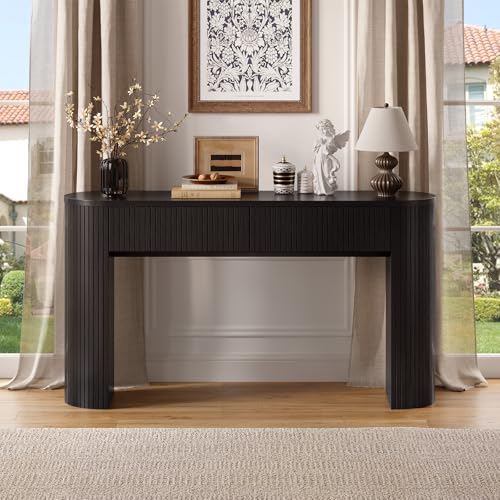 55 Inch Console Table with 2 Drawers, Fluted Entryway Tables with Storage, Sofa Table Behind The Couch, Hallway Tables, Mid-Century Modern Foyer Table for Entryway, Hallway, Living Room, Black ONBRILL