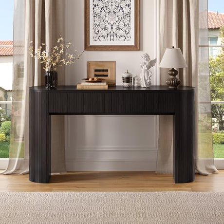 55 Inch Console Table with 2 Drawers, Fluted Entryway Tables with Storage, Sofa Table Behind The Couch, Hallway Tables, Mid-Century Modern Foyer Table for Entryway, Hallway, Living Room, Black ONBRILL