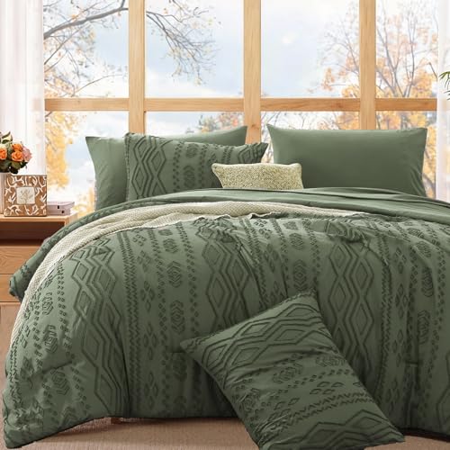 WRENSONGE Queen Comforter Set with Sheets - 7 Pieces Olive Green Tufted Bed in a Bag Queen Shabby Chic Bedding Sets with 1 Comforter, 2 Sheets, 2 Pillowcases & 2 Shams WRENSONGE