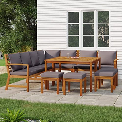 ANYCHOLE 11 Piece Patio Dining Set with Cushions Solid Wood Acacia,Rustic Acacia Wood Patio Dining Set with Cushions for Timeless Garden Charm Patio Furniture Sets, Outdoor Furniture Sets