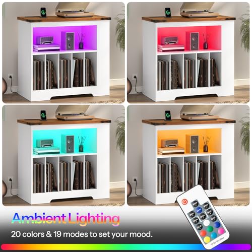 HOOBRO Large Record Player Stand with Charging Station & LED Lights, Vinyl Record Storage Table Holds up to 230 Albums, Turntable Stand with Display Shelf for Living Room, Walnut and White WH80UDRS01 HOOBRO
