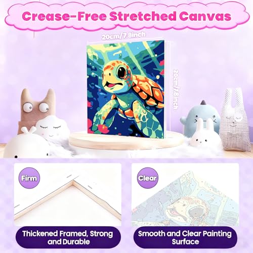 Gemozaic Sea Turtle Paint by Numbers Kit for Kids with Frame and Easel, Kids Paint by Number on Canvas for Age 4-8, 8x8 Inch Gemozaic