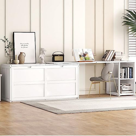 RuiSiSi Queen Murphy Bed Wall Bed with Rotable Desk, Foldable Platform Bed Frame with Storage, for Home Office Small Room, White RuiSiSi