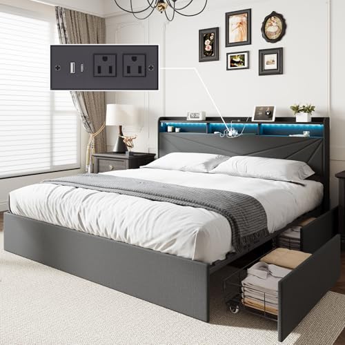 MALOL Bed Frame, King Bed Frame with Headboard & Storage Shelf, Metal Platform Bed Frame with 4 Storage Drawers, Built-in Charging Station, Led Light, Wood Bed Frame, No Box Spring Needed, Grey MALOL
