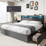 MALOL Bed Frame, King Bed Frame with Headboard & Storage Shelf, Metal Platform Bed Frame with 4 Storage Drawers, Built-in Charging Station, Led Light, Wood Bed Frame, No Box Spring Needed, Grey MALOL