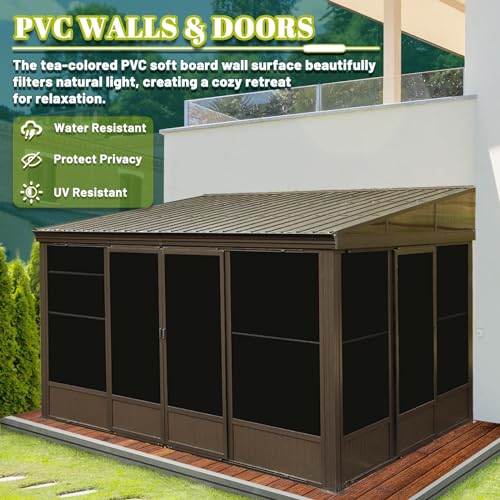 Domi 12x14FT Wall Mounted Sunroom, Against Wall Solarium with Galvanized Steel Sloping Roof, Detachable PVC Screen, Lockable Sliding Front and Side Doors, Lean-to Gazebo Sun Room for Deck Patio domi outdoor living
