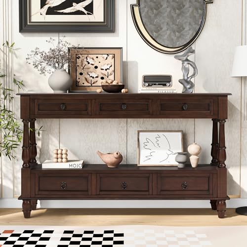LKTART 54'' Solid Wood Console Table, Farmhouse Entryway Table with 6 Drawers and Shelf, Narrow Long Sofa Table with Storage for Living Room Hallway, Couch, Foyer (Espresso) LKTART