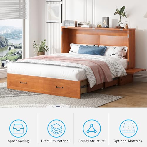 Mjkone Murphy Bed Queen Size, Cabinet Beds with Mattress, Adult Guest Bed with 2 Large Drawer and USB Port & Bedside Panel, Multifunctional Murphy Cabinet Beds for Bedroom/Living Room - Cherry Mjkone