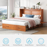 Mjkone Murphy Bed Queen Size, Cabinet Beds with Mattress, Adult Guest Bed with 2 Large Drawer and USB Port & Bedside Panel, Multifunctional Murphy Cabinet Beds for Bedroom/Living Room - Cherry Mjkone