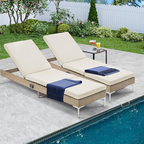 HOMREST Outdoor Chaise Lounge Chair Set of 2, Patio Wicker Lounge Chairs with Adjustable Backrest, Rattan Pool Sunbathing Chaiser with Removable Cushion (Khaki)