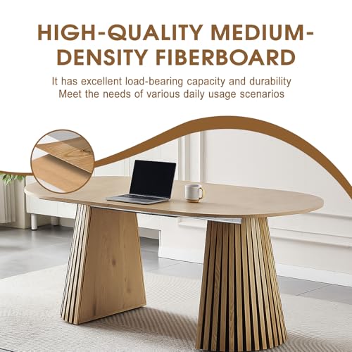 39"-71"Extendable Dining Table Set for 6, Oval Wood Dining Room Table Set with Fluted Pedestal Base & Soft Suede Chairs, Mid-Century Modern Extendable Kitchen Table Set for 6 for Home, Space-Saving Rejeke