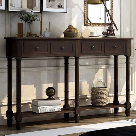 Amposei Retro Classic Wood Console Table 58-Inch Long Narrow Sofa Entry Table with Drawers & Open Shelf for Living Room Entrance Hallway Furniture, Espresso Amposei