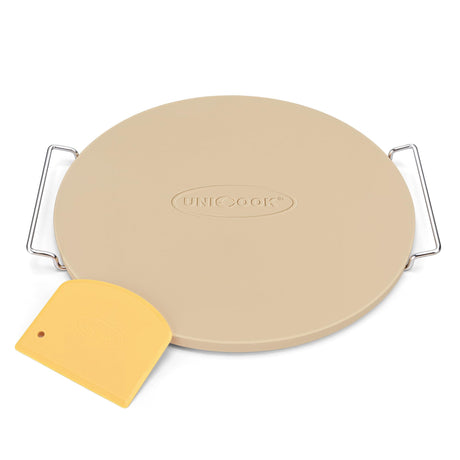 Unicook 15 Inch Round Pizza Stone for Oven and Grill, Oven Baking Stone for Bread, Cordierite Pizza Pan for Baking Crispy Pizzas, Bread and Cookies, Includes Carry Rack and Pizza Dough Scraper Unicook