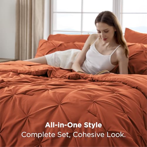 Bedsure Twin Comforter Sets - 5 Pieces Pintuck Bedding Sets Twin Size, Pinch Pleat Burnt Orange Bed in a Bag Twin with Comforter, Sheets, Pillowcase & Sham Bedsure
