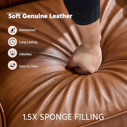 Bonzy Home Genuine Leather Pushback Recliner for Adults with Rivet Decoration, Push Back Recliner Chair with Overstuffed Cushion, Single Reclining Sofa with Button-Tufted Back for Living Room,Brown