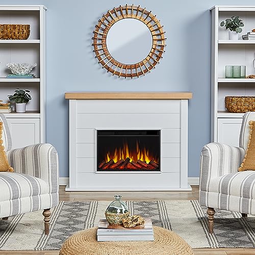 Real Flame Marshall 49" Slim Electric Fireplace with Mantel for Living Room or Bedroom, Replaceable Fireplace Insert Heater, Realistic Log and Flame Effect, Remote Control, White Real Flame