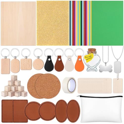 Dunzoom 96 Pcs Laser Material Explore Kit Laser Engraving Material for Laser Crafting, 18 Kinds Laser Engraving Accessories Includes Leather, Acrylic, Basswood, Metal, Wood Materials Dunzoom