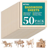 MITINU 50 Pack Basswood Sheets for Crafts,12"x12"x1/8" 3mm Thick Plywood Sheets with Smooth Surfaces-Unfinished Squares Wood Boards for Laser Cutting, Wood Burning, Architectural Models, Staining MITINU