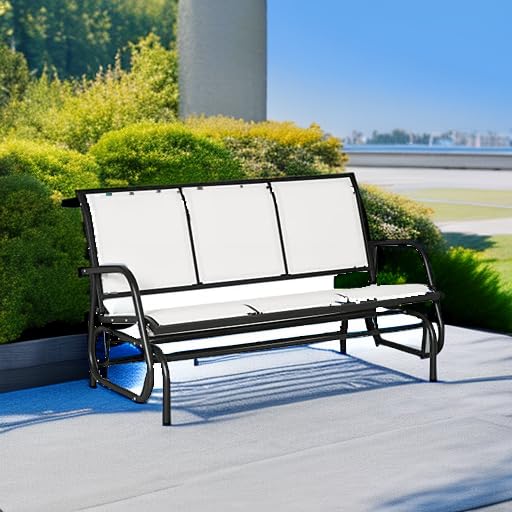 Outsunny 3-Person Patio Glider Bench, Outdoor Porch Glider Swing with 3 Seats, Breathable Mesh Fabric, Metal Frame, Cream White Outsunny
