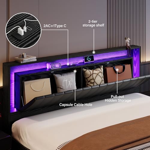 Belffin Floating Bed Frame King Size with LED Lights & Charging Station, Wooden Headboard with Hidden Storage and Faux Leather Backrest, Easy Cleaning, No Box Spring Needed, Noise-Free, Black Belffin