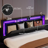Belffin Floating Bed Frame King Size with LED Lights & Charging Station, Wooden Headboard with Hidden Storage and Faux Leather Backrest, Easy Cleaning, No Box Spring Needed, Noise-Free, Black Belffin