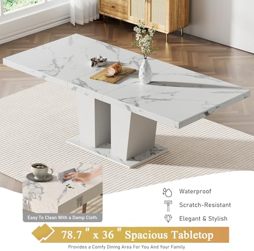 7-Piece Extendable Dining Table Set for 6-8 People 63-78 Inch Kitchen Table Set with 6 Beige Upholstered Chairs Modern White Faux Marble Rectangular Dining Room Table Set for Kitchen Apartment Goujxcy