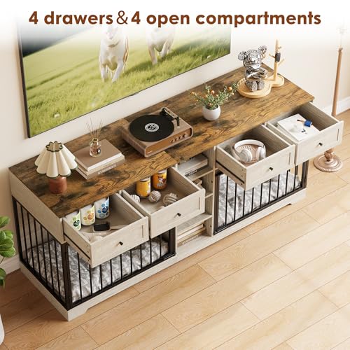 GarveeHome 82" Double Dog Crate Furniture, Large Dog Kennel Indoor for 2 Dogs, Heavy Duty Wooden Dog Crate TV Stand with 4 Drawers and Shelves, Washed White GarveeHome