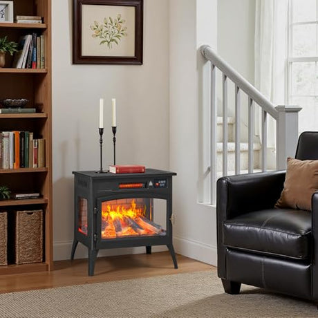24″ Freestanding Electric Fireplace Stove with 3D Flame Effect and 6 Flame Color, 1000/1500W Infrared Fireplace Stove, 5200 BTU Electric Fireplace Heater with Remote and Timer for Indoor, Black ONBRILL