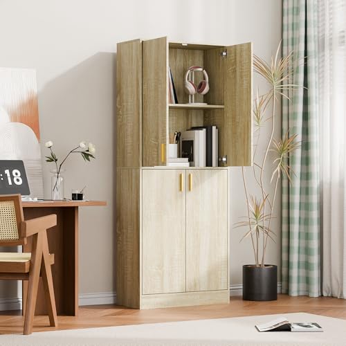 Cozy Castle Kitchen Pantry Cabinet, 71" Tall Wood Storage Cabinet with Doors and Shelves 4 Doors Freestanding Cupboard for Dining Room Living Room Bathroom Furniture, Whitewashed Oak Cozy Castle
