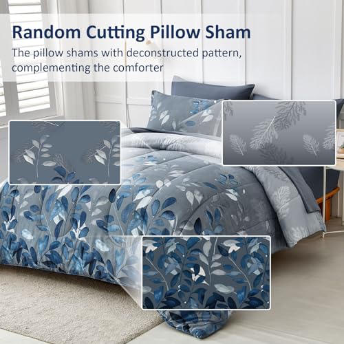 Anibedding Blue Comforter Set Queen Size 7 Piece Navy Botanical Gradient Leaves Ultra Soft Microfiber Down Alternative Bedding Set Lightweight Reversible Bed Comforter Set for All Season 90" x 90" Anibedding