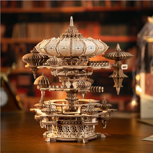 Yomkeg 3D Wooden Puzzles Sky City-Mechanical Music Box for Adults,Mechanical Music Box with a Winding Mechanism,DIY Hobbies/Gifts for Festivals Yomkeg