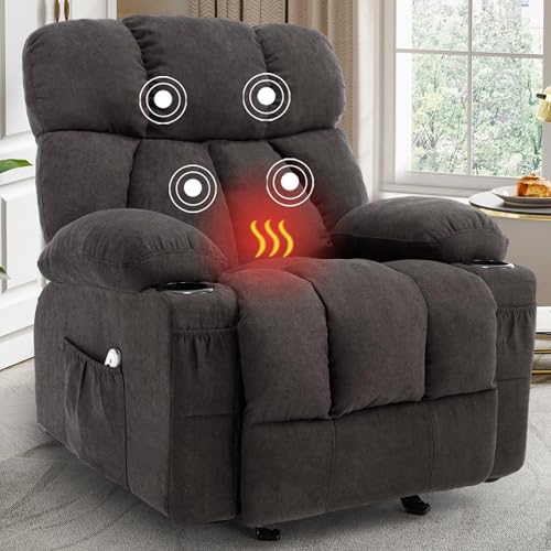 Massage Rocking Recliner Chair, Ergonomic Recliners Sofa with Vibration Massage & Heat, Rocking Chair Nursery Chair for Living Room Lounge with 4 Pockets, 2 Cup Holders, Black