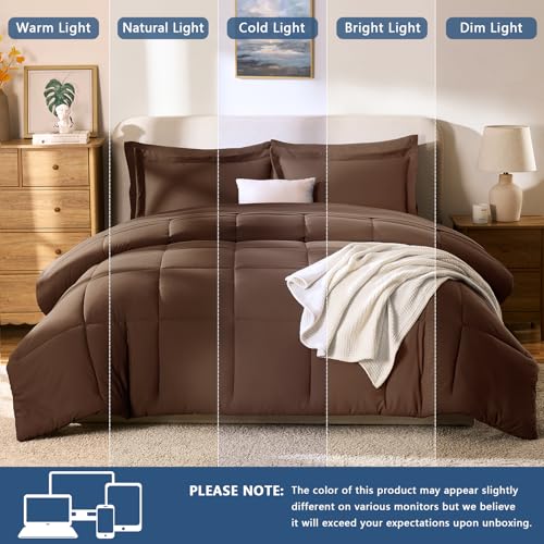 CozyLux Queen Comforter Set Brown - 7 Pieces Bed in a Bag Queen, All Season Breathable Bedding Sets, Oeko-Tex Certified Bed Set with Down Alternative Comforter, Sheets, Pillowcases & Pillow Shams CozyLux