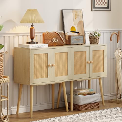 Sideboard Buffet Kitchen Storage Cabinet , Small Coffee Bar Cabinet with Rattan Doors and Tall Solid Wood Legs, Boho Accent Media Console Credenza Cabinet for Entryway,Living Room,Kitchen, Small Space Cidaziya