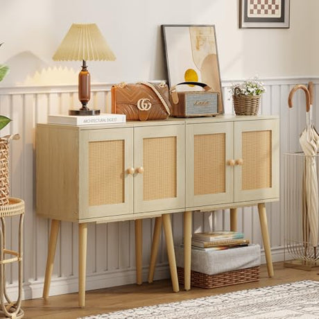 Sideboard Buffet Kitchen Storage Cabinet , Small Coffee Bar Cabinet with Rattan Doors and Tall Solid Wood Legs, Boho Accent Media Console Credenza Cabinet for Entryway,Living Room,Kitchen, Small Space Cidaziya