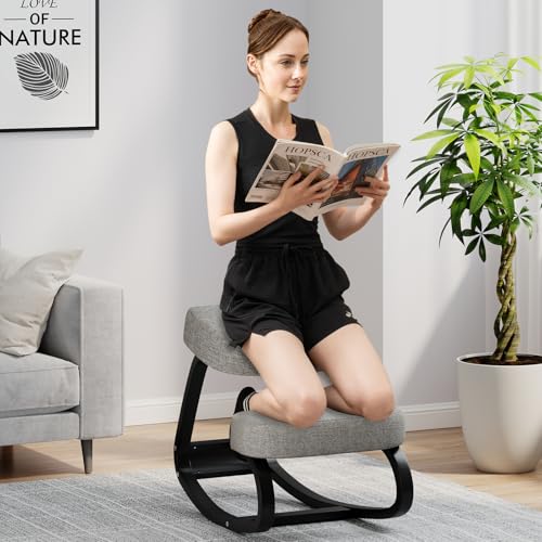 Goplus Ergonomic Kneeling Chair, Rocking Upright Posture Chair with Soft Seat & Knee Pads, Wooden Backless Knee Chair Relieves Neck Back Pain for Home Office Study, Gray and Black Goplus