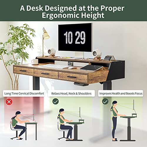 FEZIBO Electric Standing Desk with Drawers, 55x26 Inch Standing Desk Adjustable Height, Stand Up Desk with Monitor Shelf, Sit Stand Home Office Desk, Rustic Brown - WoodArtSupply