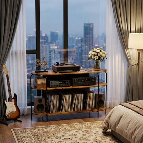 Faesun Large Record Player Stand with Vinyl Record Storage & Power Outlets, Holds 200+ Albums, 3-Tier Turntable Stand for Living Room & Bedroom, Mid Century Round Shelf Design,Vintage Faesun