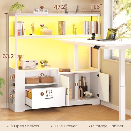 SEDETA 56.7" L Shaped Standing Desk, Reversible Computer Office Desk with Drawers & Hutch, Stand Up Corner Gaming Desks with LED Lights & Power Outlets for Home Office, White SEDETA