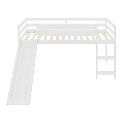 Harper & Bright Designs Kids Low Loft Bed with Slide, Twin Size Wooden Loft Bed Frame, White