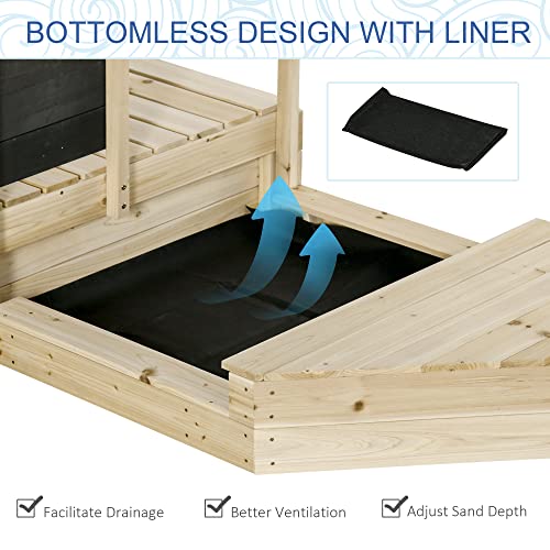 Outsunny Kids Wooden Sandbox with Cover, 71" Kids Sandbox w/Flag, Canopy Shade, Bottom Liner, Blackboard, Outdoor Sand Pit for 3-8 Years Old, Natural Wood - WoodArtSupply