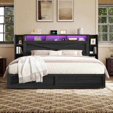 AMERLIFE 45'' Farmhouse King Bed Frame with 4 Drawers, LED Bed Frame with Bookcase Headboard & Side Shelves, Wood Platform Bed with Charging Station, Black AMERLIFE