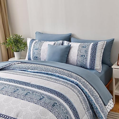 Cottolester Boho Comforter Set King Size Light Blue Comforter Set 8 Piece Bed in a Bag Striped Paisley Bedding Sets Cottolester